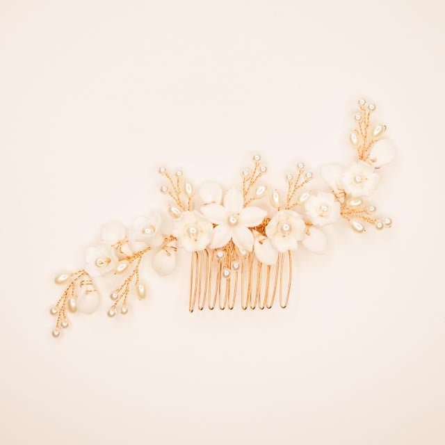 Ella Floral Ceramic Ivory Pearl Wedding Hair Comb in Gold photo 2