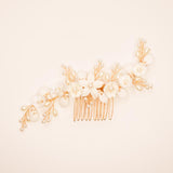 Ella Floral Ceramic Ivory Pearl Wedding Hair Comb in Gold photo 2