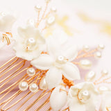 Ella Floral Ceramic Ivory Pearl Wedding Hair Comb in Gold photo 3