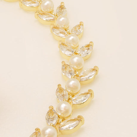 Cressida Pearl and Crystal Leaf Wedding Bracelet / Gold