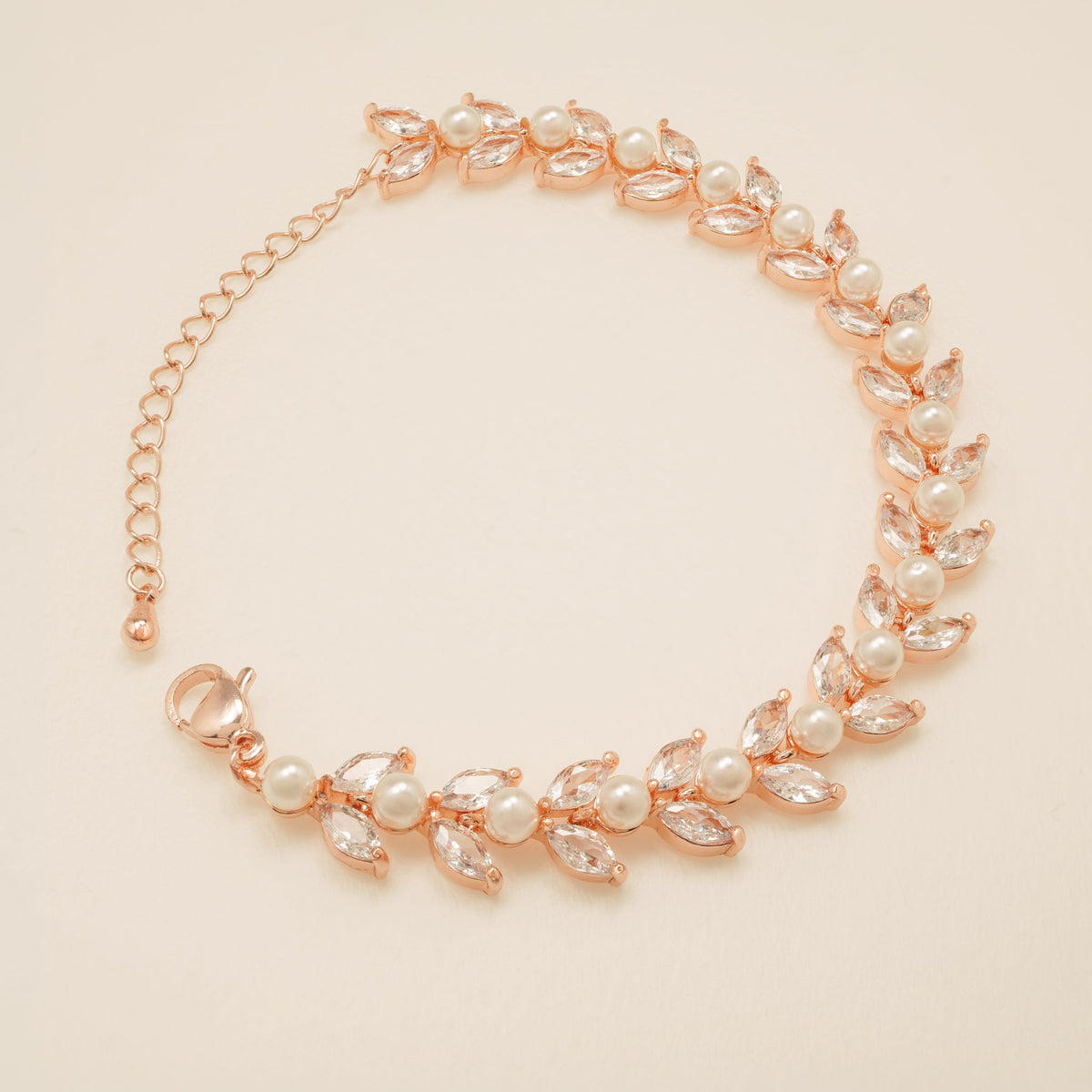 Cressida Pearl and Crystal Leaf Wedding Bracelet / Rose Gold