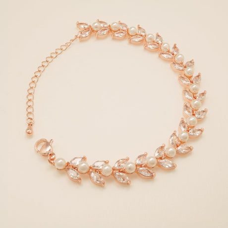 Cressida Pearl and Crystal Leaf Wedding Bracelet / Rose Gold