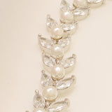 Cressida Pearl and Crystal Leaf Wedding Bracelet / Silver