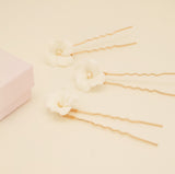 Fleur Ceramic Flower Pearl Wedding Hair Pins / Gold