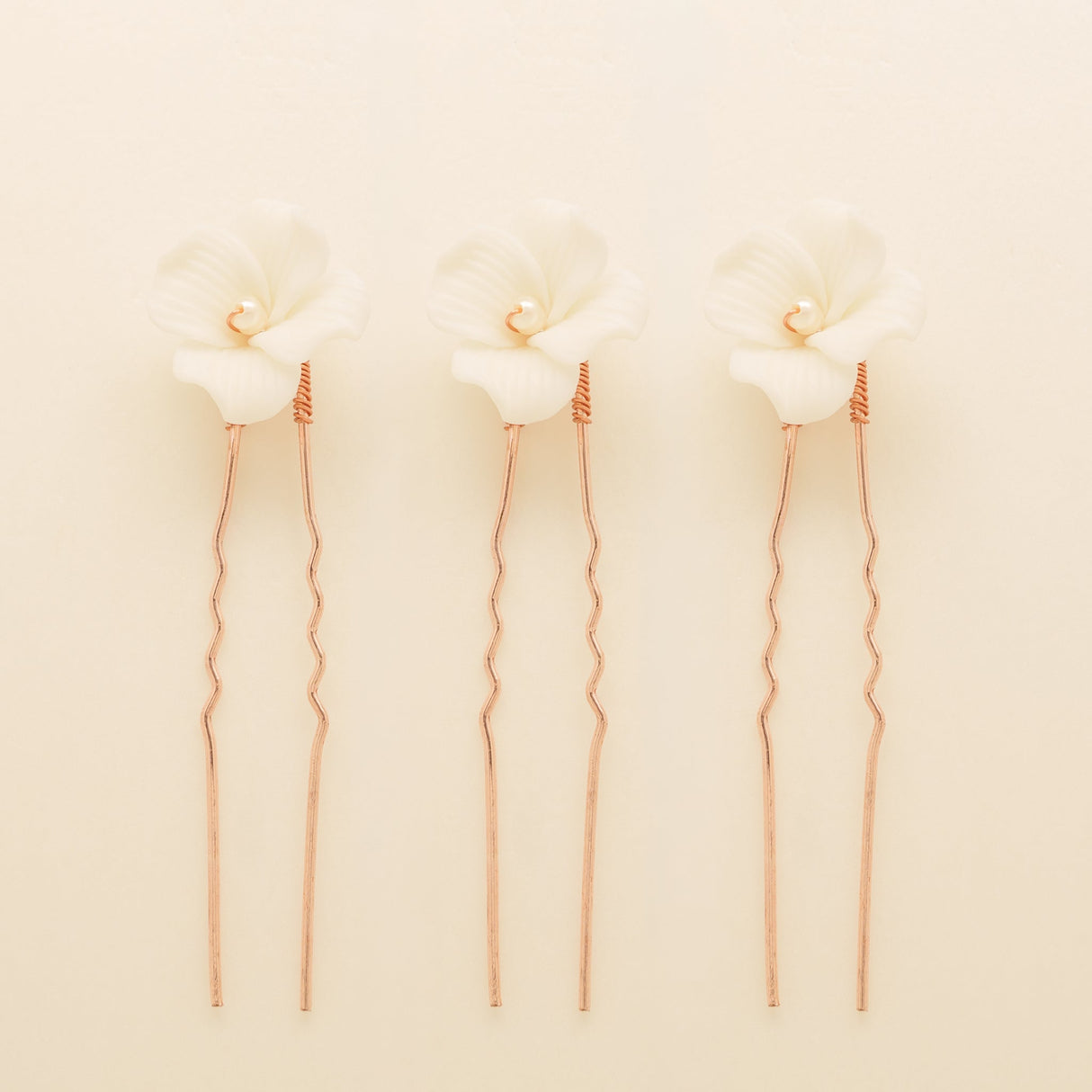 Fleur Ceramic Flower Pearl Wedding Hair Pins / Rose Gold