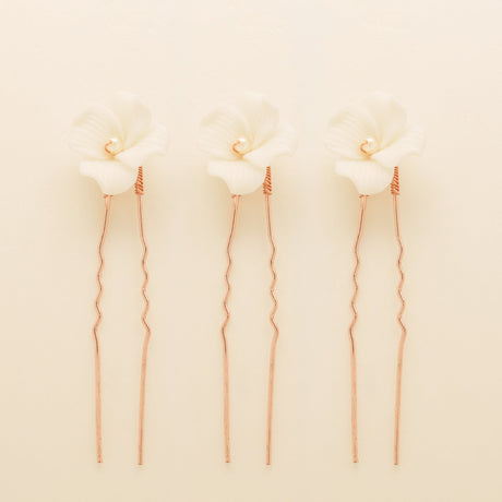 Fleur Ceramic Flower Pearl Wedding Hair Pins / Rose Gold
