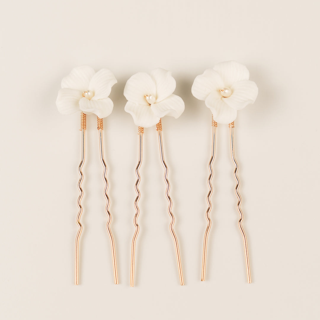 Fleur Ceramic Flower Pearl Wedding Hair Pins / Gold