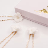 Fleur Ceramic Flower Pearl Wedding Hair Pins / Gold