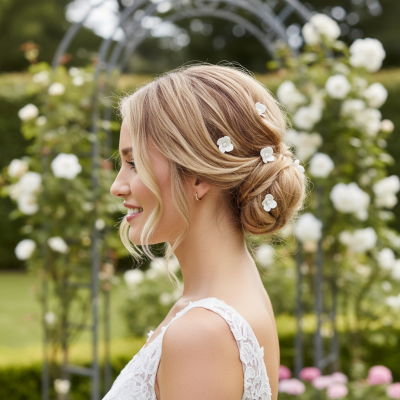 Fleur Ceramic Flower Pearl Wedding Hair Pins / Rose Gold