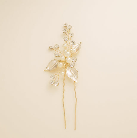 Millie Crystal and Pearl Leaves Wedding Hair Pin in Gold photo 2