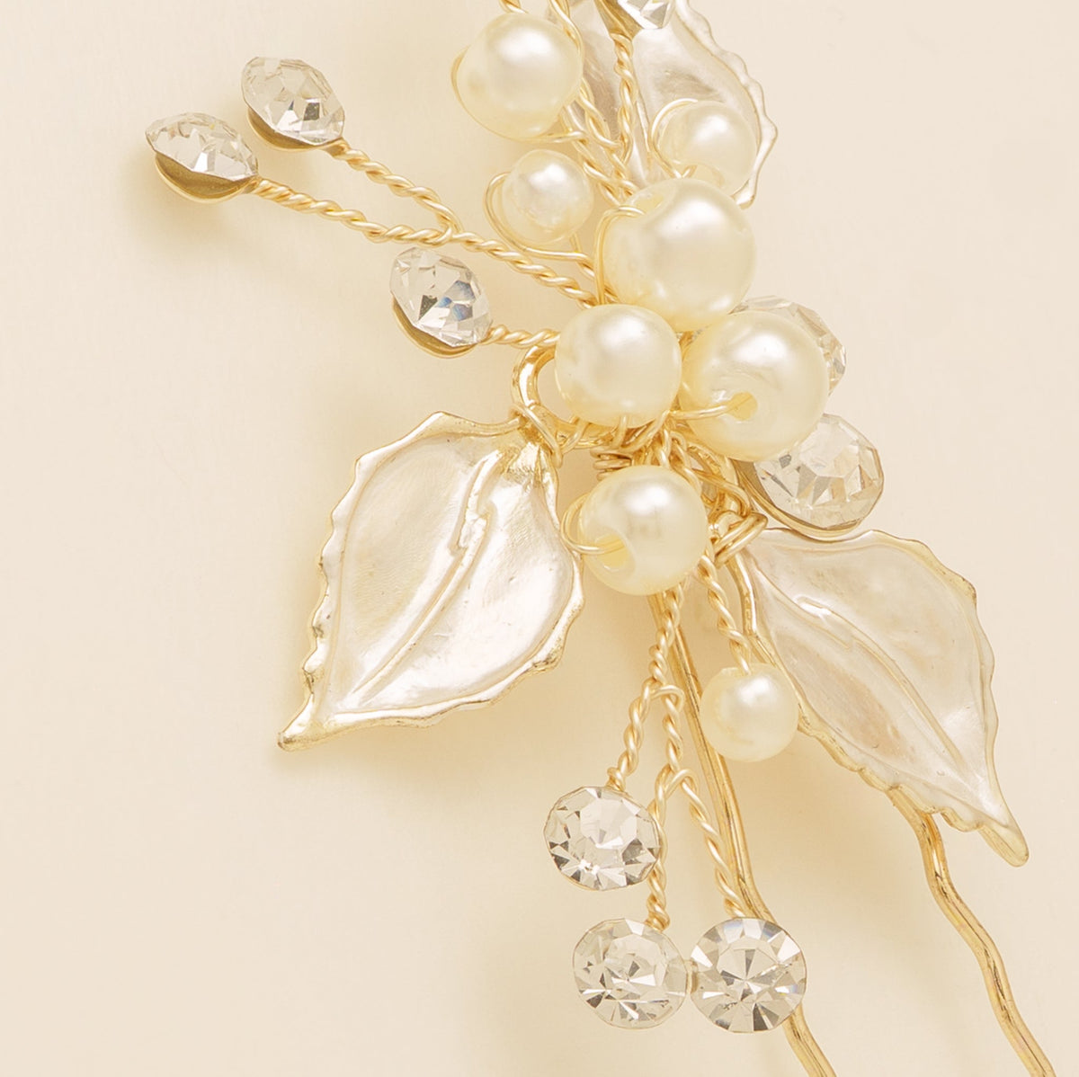 Millie Crystal and Pearl Leaves Wedding Hair Pin in Gold photo 4