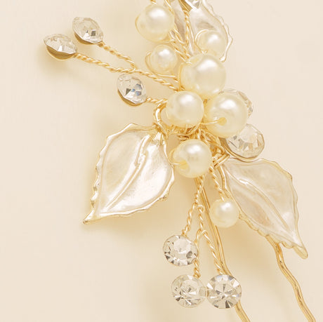 Millie Crystal and Pearl Leaves Wedding Hair Pin in Gold photo 4