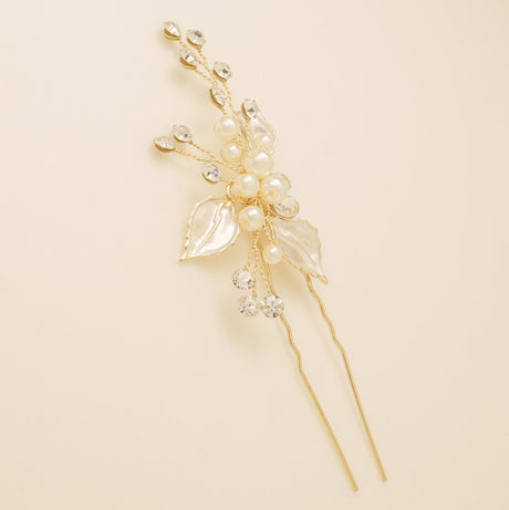 Millie Crystal and Pearl Leaves Wedding Hair Pin in Gold photo 5