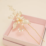 Millie Crystal and Pearl Leaves Wedding Hair Pin in Gold