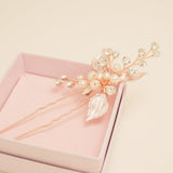 Millie Crystal and Pearl Leaves Wedding Hair Pin in Rose Gold