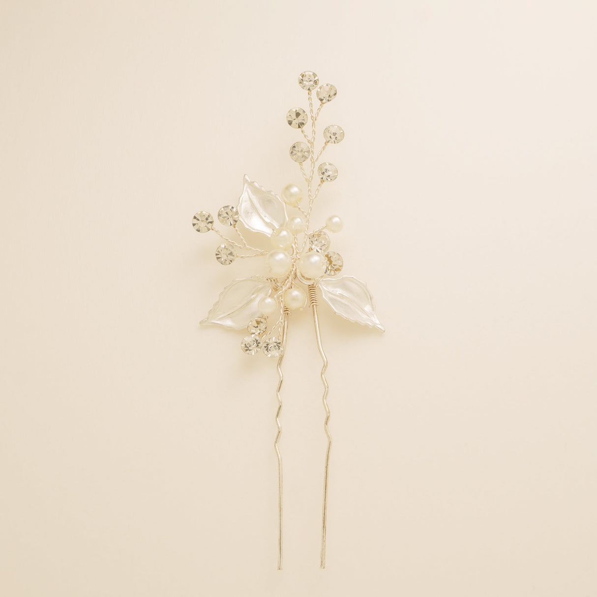 Millie Crystal and Pearl Wedding Hair Pin / Leaves / Silver