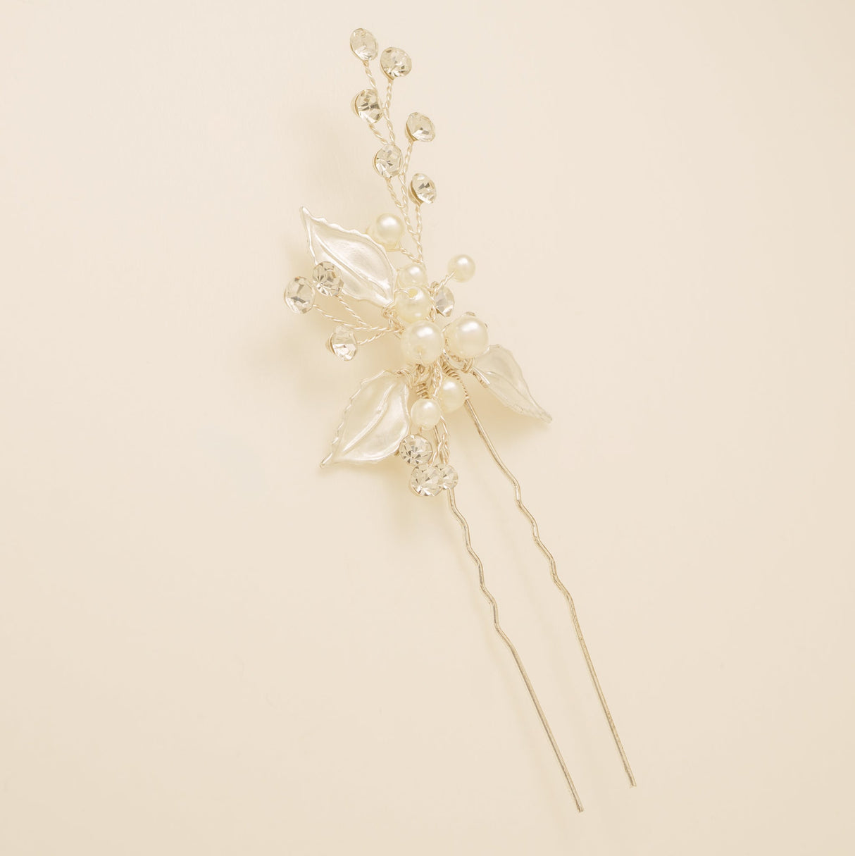 Millie Crystal and Pearl Wedding Hair Pin / Leaves / Silver