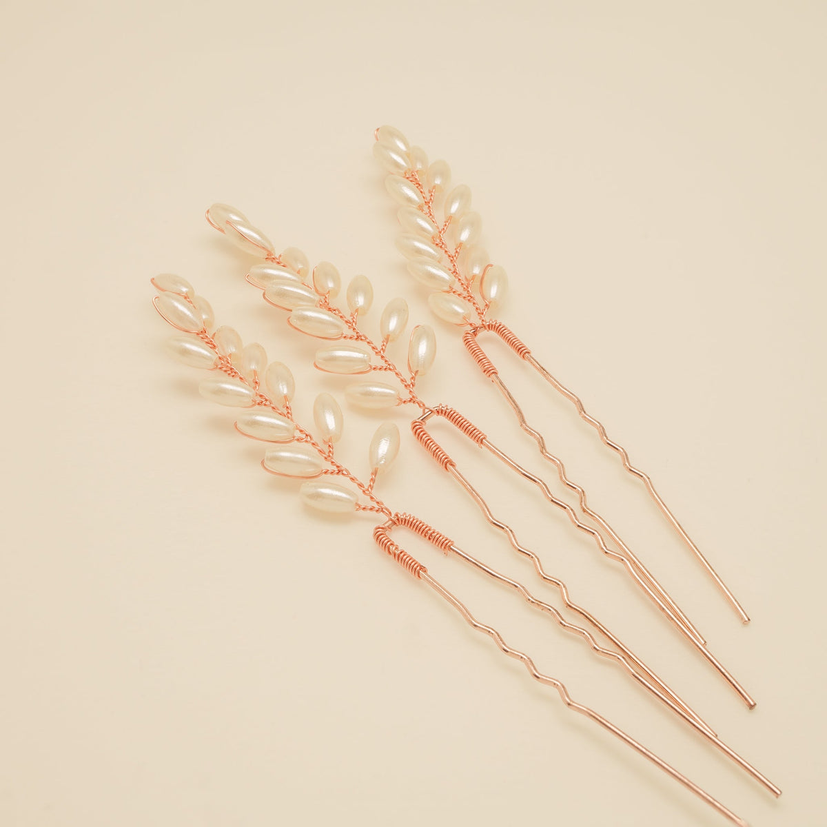 Pampas Style Pearl Sprigs Wedding Hair Pins / Rose Gold