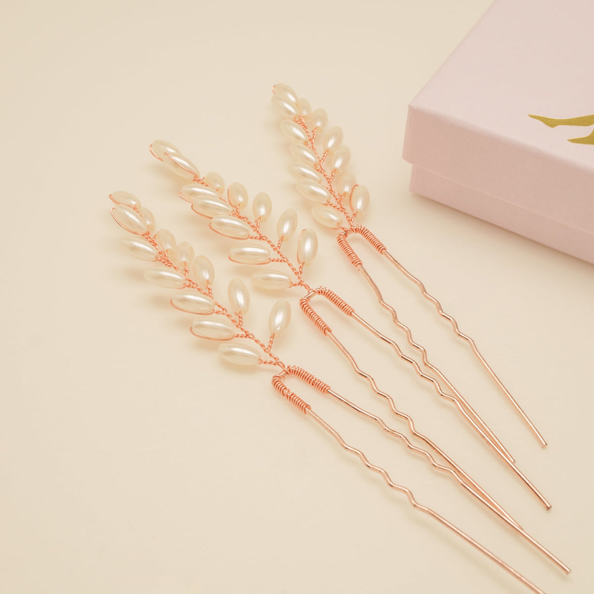 Pampas Style Pearl Sprigs Wedding Hair Pins / Rose Gold