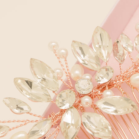 Sara Pearl and Crystal Wedding Hair Comb / Rose Gold