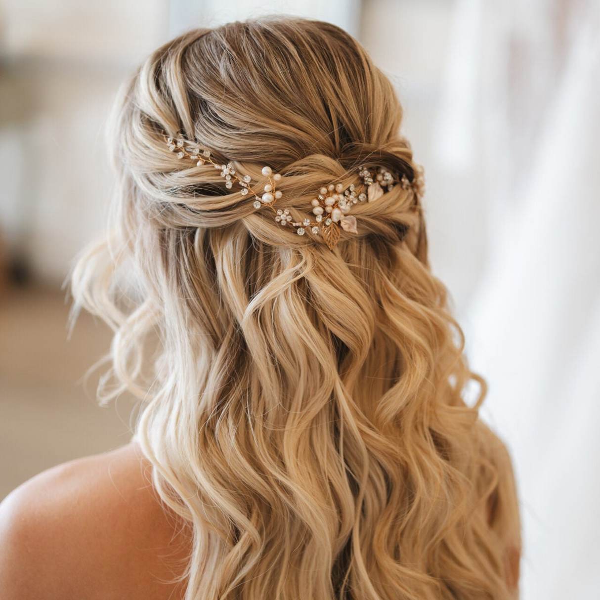 Vintage Leaves Pearls and Crystals Bridal Hair Vine / Gold