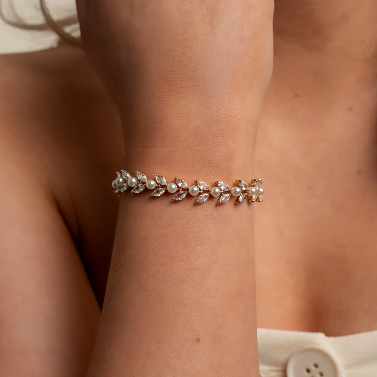 Cressida Pearl and Crystal Leaf Wedding Bracelet / Gold