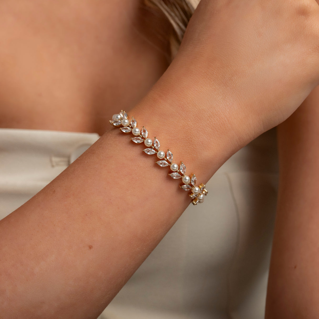 Cressida Pearl and Crystal Leaf Wedding Bracelet / Gold