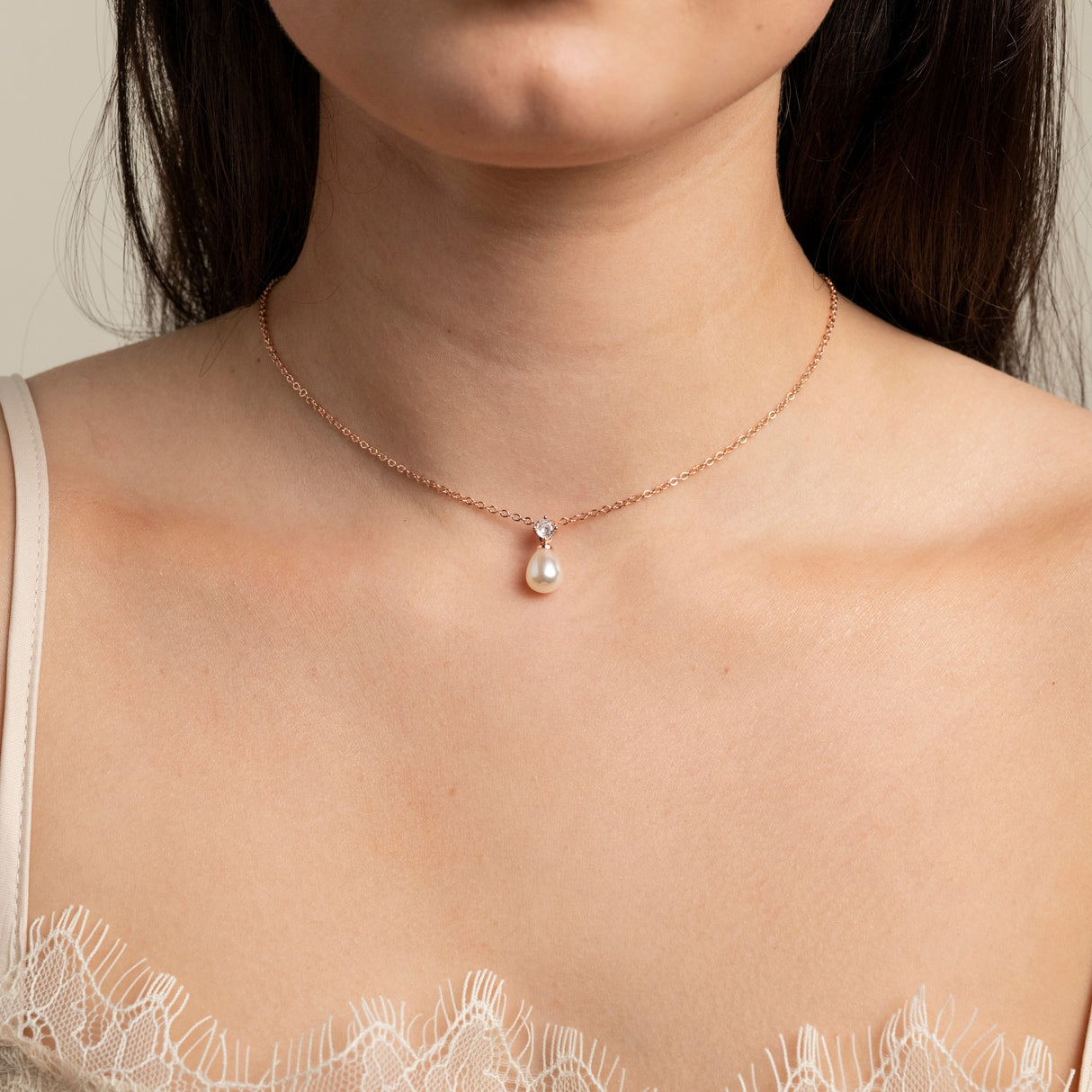 Eclipse Pearl and Crystal Bridal Necklace / Rose Gold