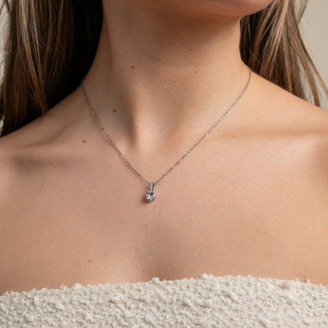 Bride wearing the Elegant Wishes silver crystal necklace