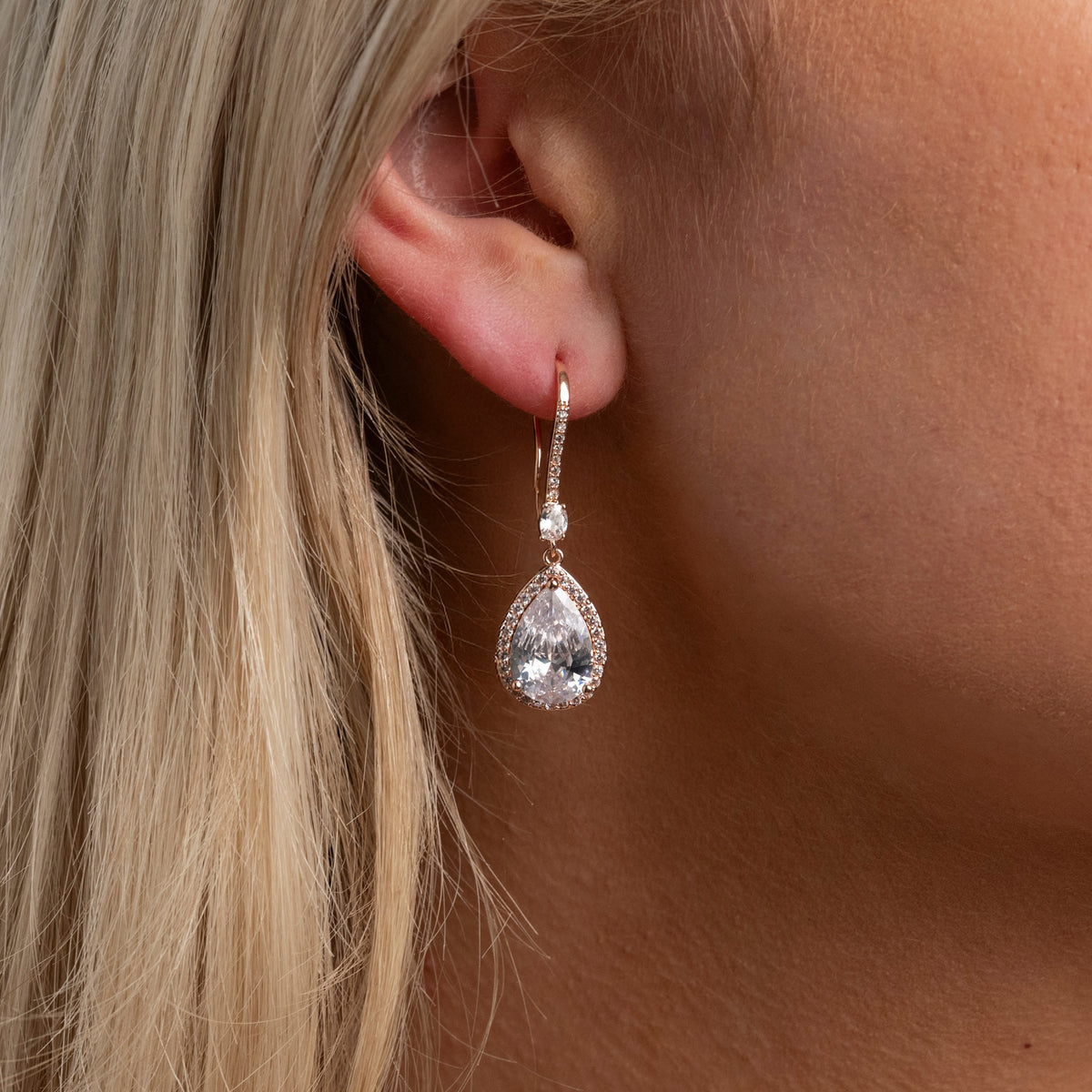 Jessica Crystal Drop Wedding Earrings in Rose Gold photo 6