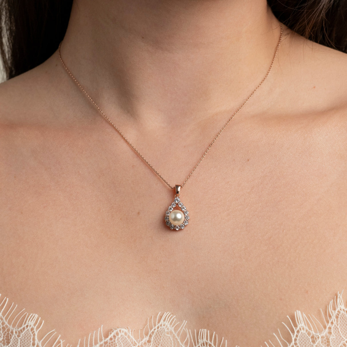 Jude Pearl and Crystal Wedding Necklace / Rose Gold